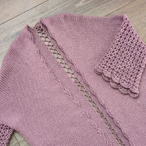 Handmade Knit Long Open Front Cardigan Sweater - Pink w/ Fringe & Open Knit - L